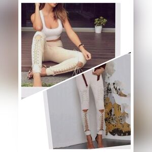 Stylish Cream Lace-Up Skinny Pants